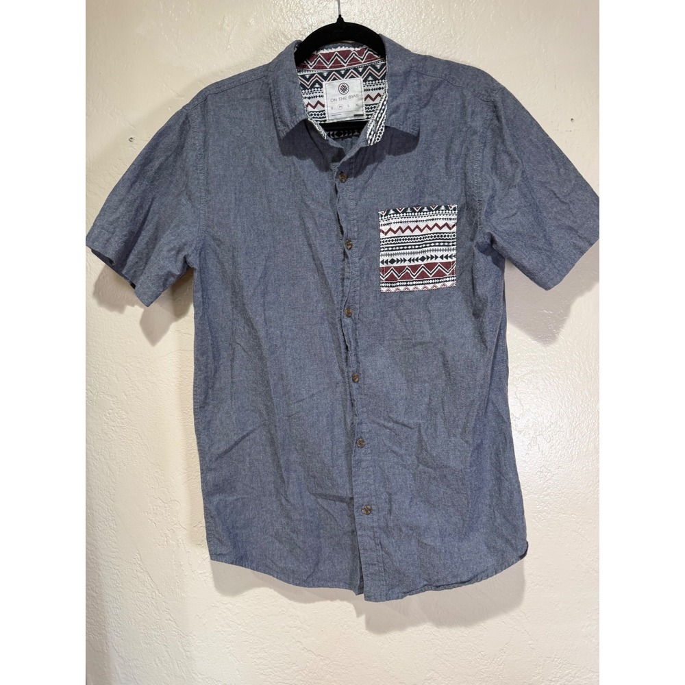 On The Byas Mens Medium Blue‎ Short Sleeve Button Down Shirt Tribal Pocket Boho